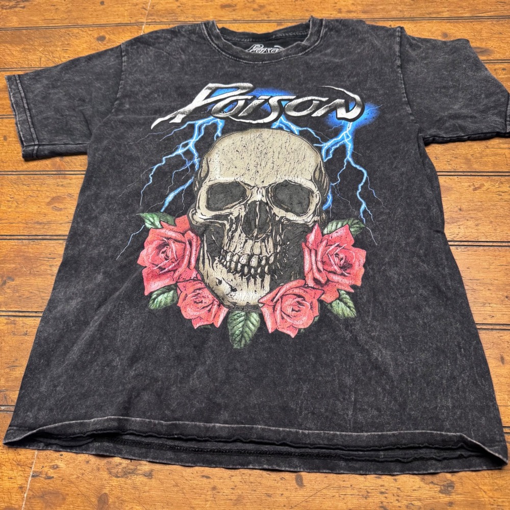 Poison Band Graphic Tee Skull Roses Lightning Mineral Wash Black Shirt‎ Small